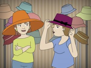 Mujeres jubiladas probándose sombreros