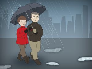 Pareja de jubilados paseando bajo la lluvia