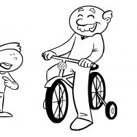 Colorear abuelo enseñando a motar en bici a su nieto