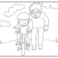 Colorear abuelo enseñando a montar en bicicleta a su nieta