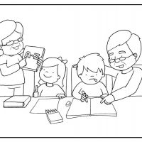 Colorea a los abuelos haciendo los deberes con sus nietos