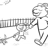 Colorea a una niña con su abuelo paseando al perro