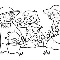 Colorea abuelos cogiendo flores en al campo con sus nietos