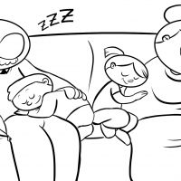 Colorea a unos abuelos durmiendo en el sofá con sus nietos