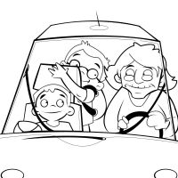Colorear abuela llevando a sus nietos en coche al cole