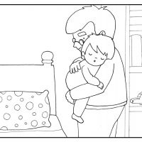 Colorea al abuelo llevando a su nieto dormido a la cama