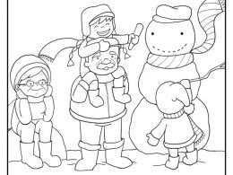 Colorear abuelos haciendo un muñeco de nieve con sus nietos