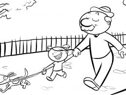 Colorea a una niña con su abuelo paseando al perro