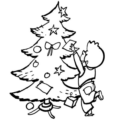 Colorear un niño decorando un árbol de navidad