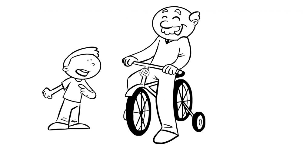 Colorear abuelo enseñando a motar en bici a su nieto