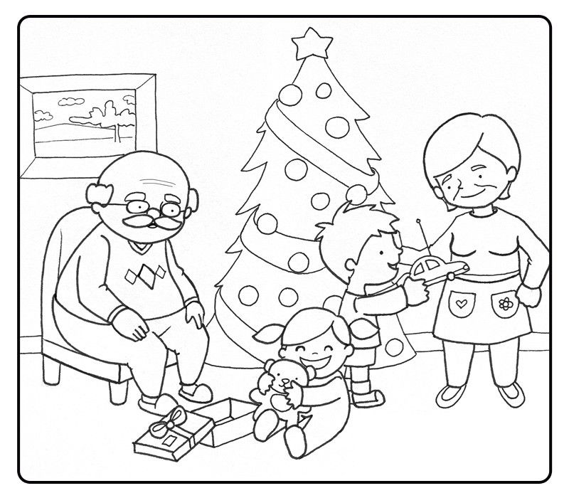 Colorear abuelos abriendo los regalos de navidad con sus nietos