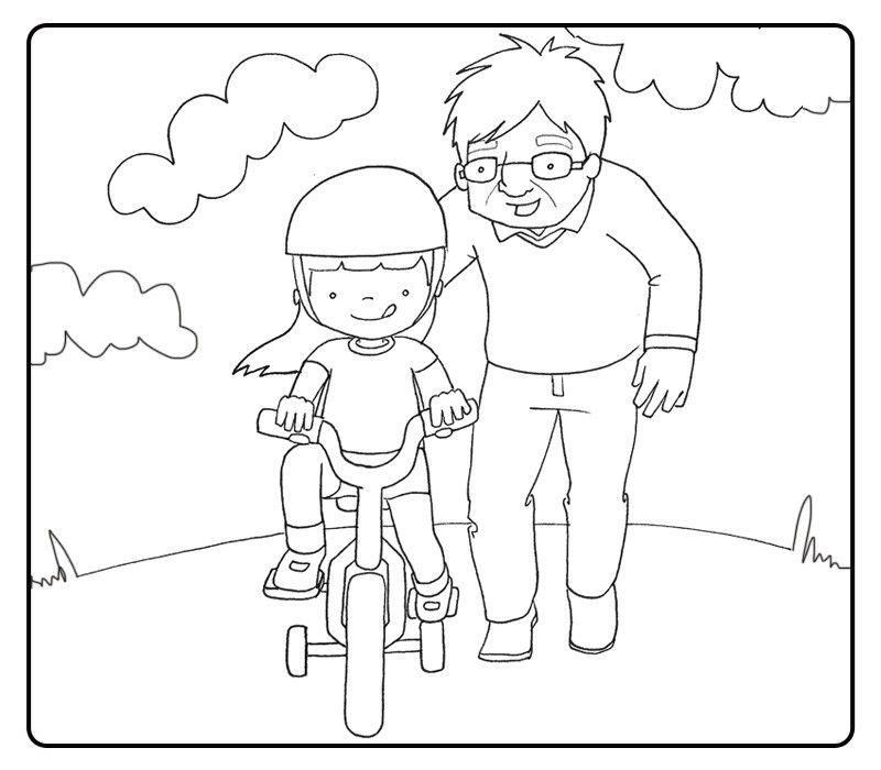 Colorear abuelo enseñando a montar en bicicleta a su nieta