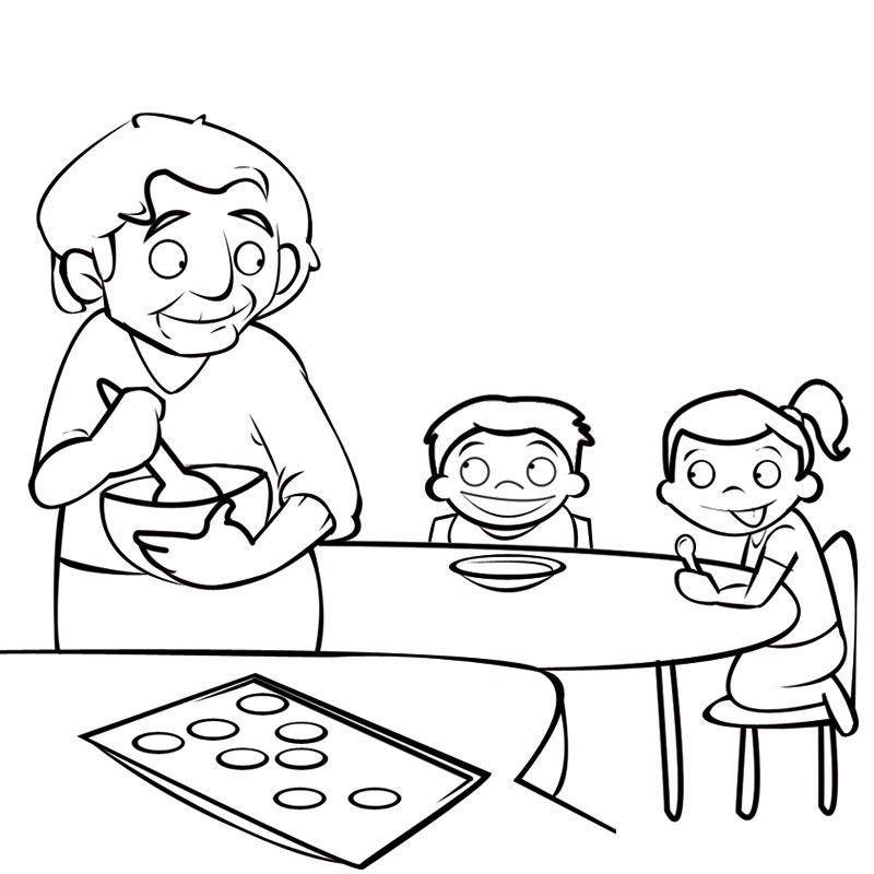 Colorea a una abuela preparando galletas para sus nietos