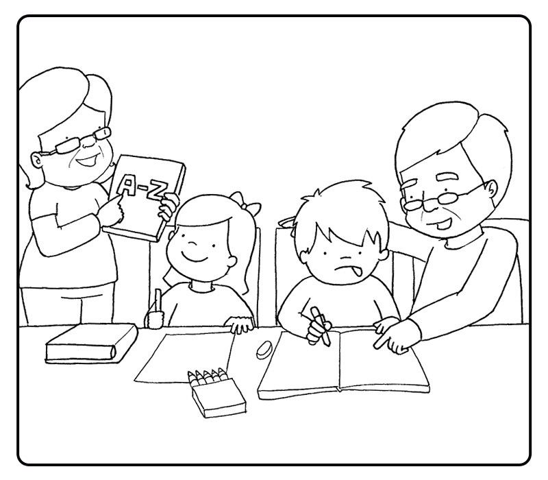 Colorea a los abuelos haciendo los deberes con sus nietos