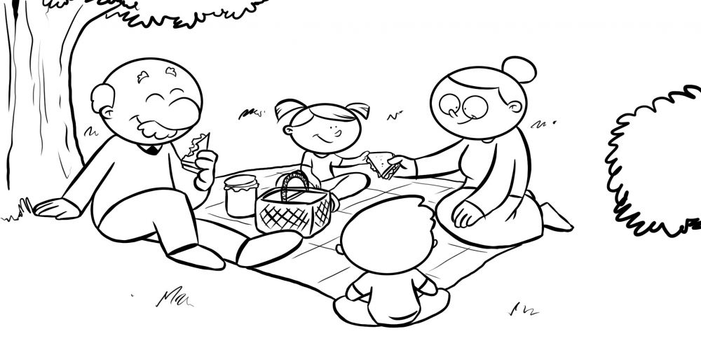 Colorea a unos abuelos con sus nietos de picnic