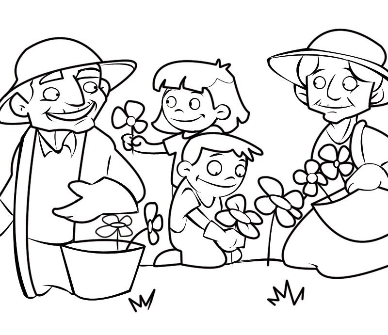 Colorea abuelos cogiendo flores en al campo con sus nietos