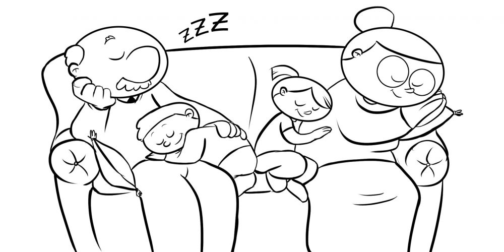 Colorea a unos abuelos durmiendo en el sofá con sus nietos