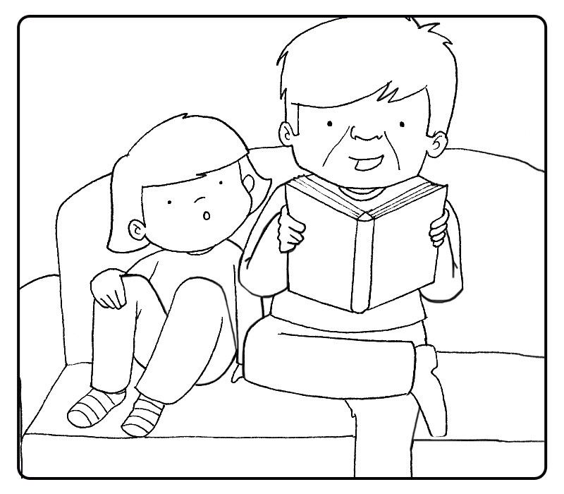 Colorea nieto leyendo un cuento a su abuelo