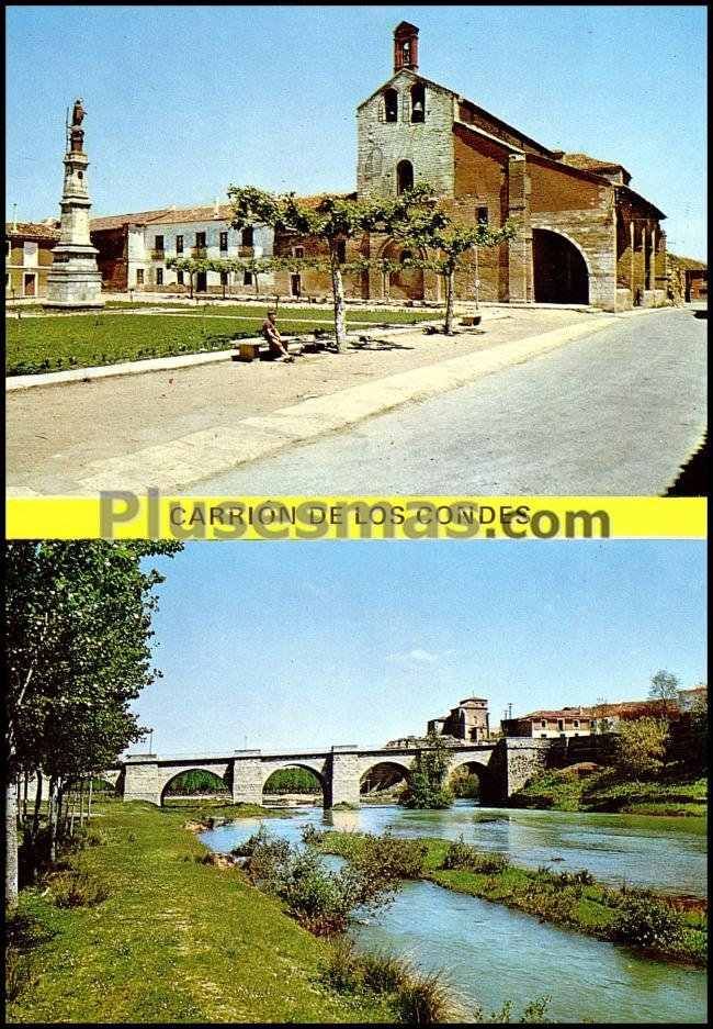 Plaza de santa maría y puente sobre el río carrión en carrión de los condes (palencia)
