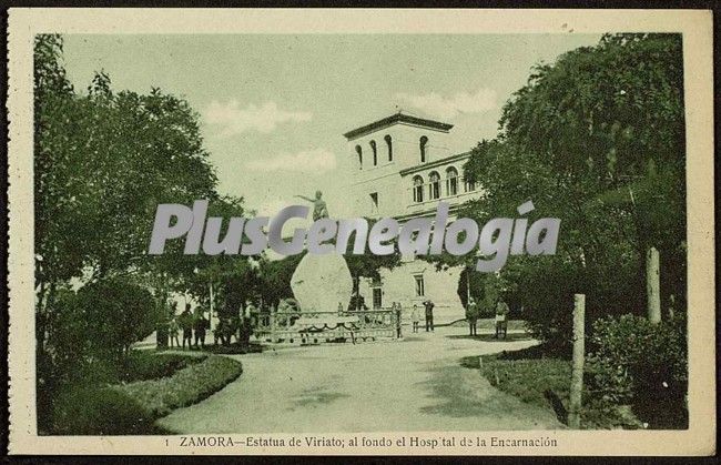 Estatua de viriato, al fondo el hospital de la encarnación de zamora