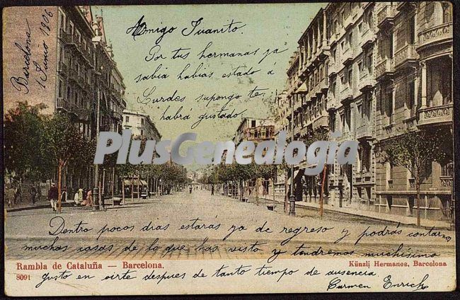 Rambla de Cataluña en Barcelona (postal dedicada)