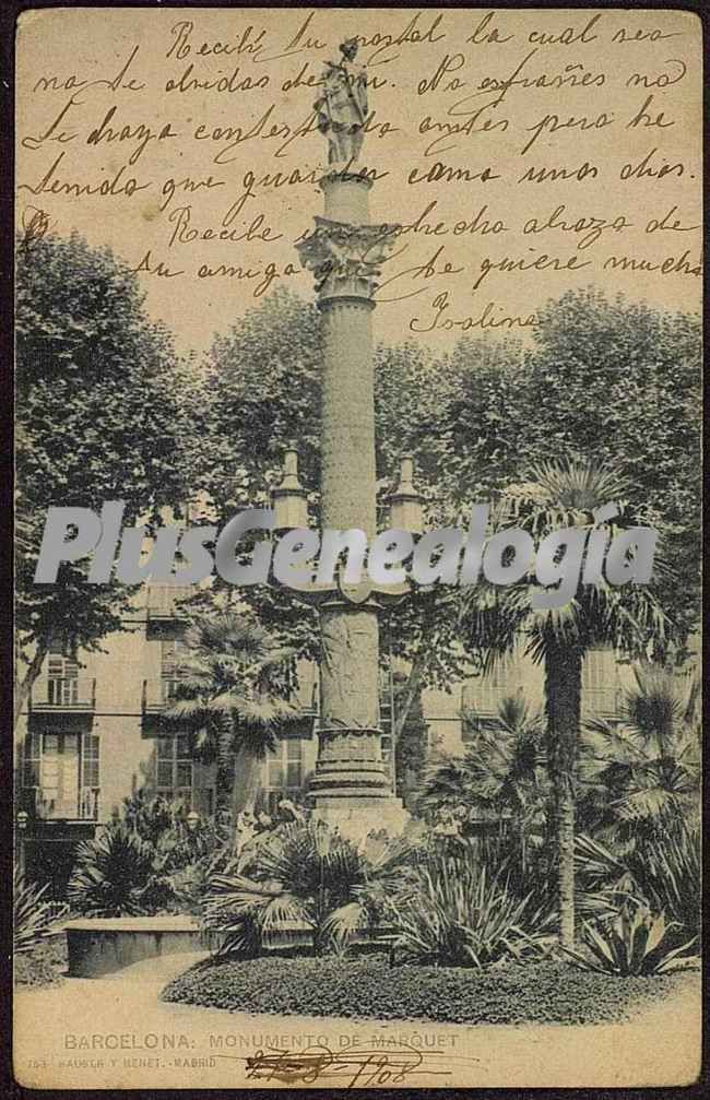 Monumento de Marquet en Barcelona (postal dedicada)