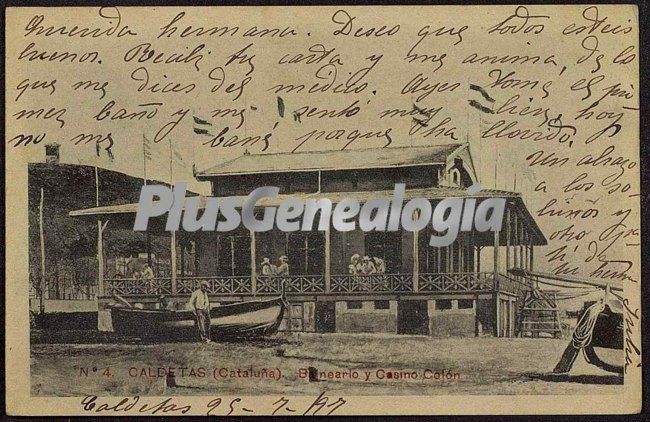 Postal dedicada del Balneario y Casino Colón de Caldetas (Barcelona)