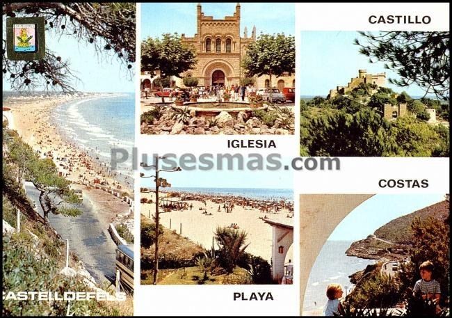 Vista general de la playa, Iglesia parroquial y Castillo de Castelldefels en Barcelona