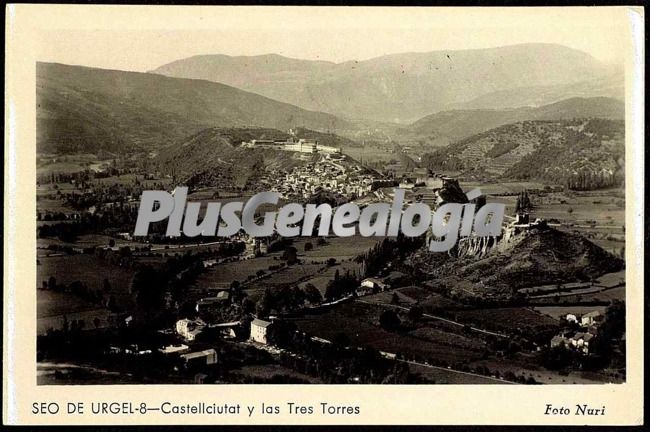 Vista de castellciutat y las tres torres de seo de urgel (lleida)