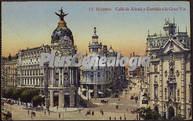 Calle de Alcalá y entrada a la Gran Vía en Madrid (en color)