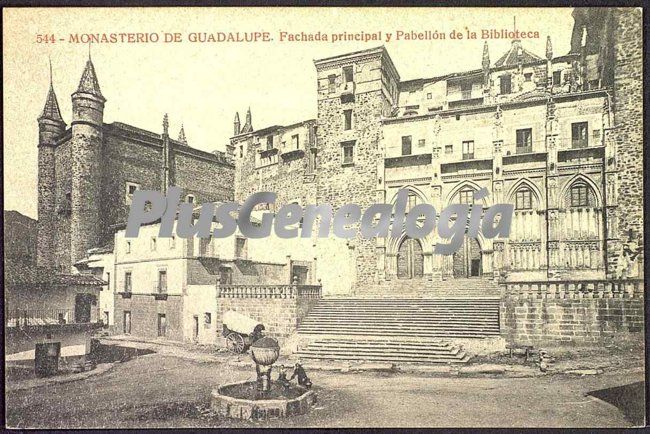 Monasterio de guadalupe fachada principal y pabellón de la biblioteca, guadalupe (cáceres)