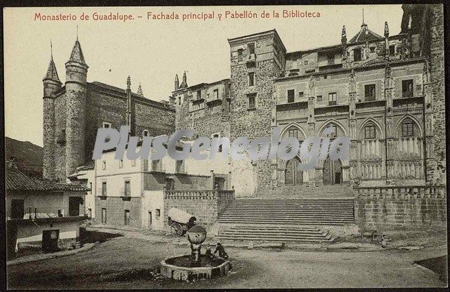 Monasterio de guadalupe fachada principal y pabellón de la biblioteca, guadalupe (cáceres)