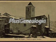 Puente e iglesia nevados en pont de suert (lleida)