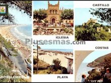 Vista general de la playa, Iglesia parroquial y Castillo de Castelldefels en Barcelona