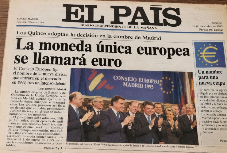 En Madrid se decide llamar «euro» a la moneda única europea