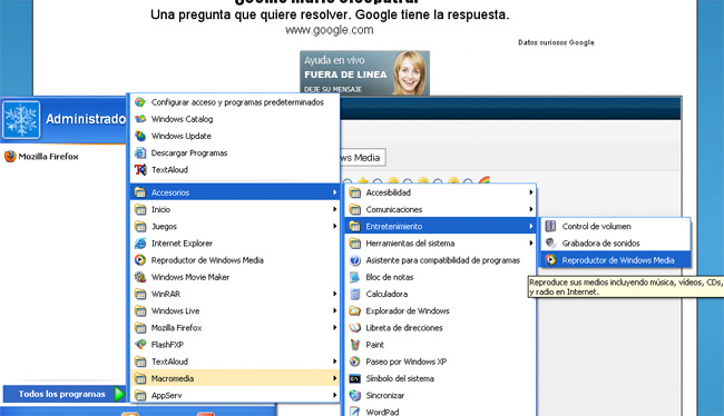 Menú entretenimiento de Windows XP