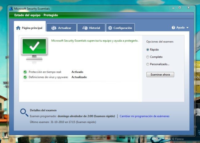 Página principal de Microsoft Security Essential